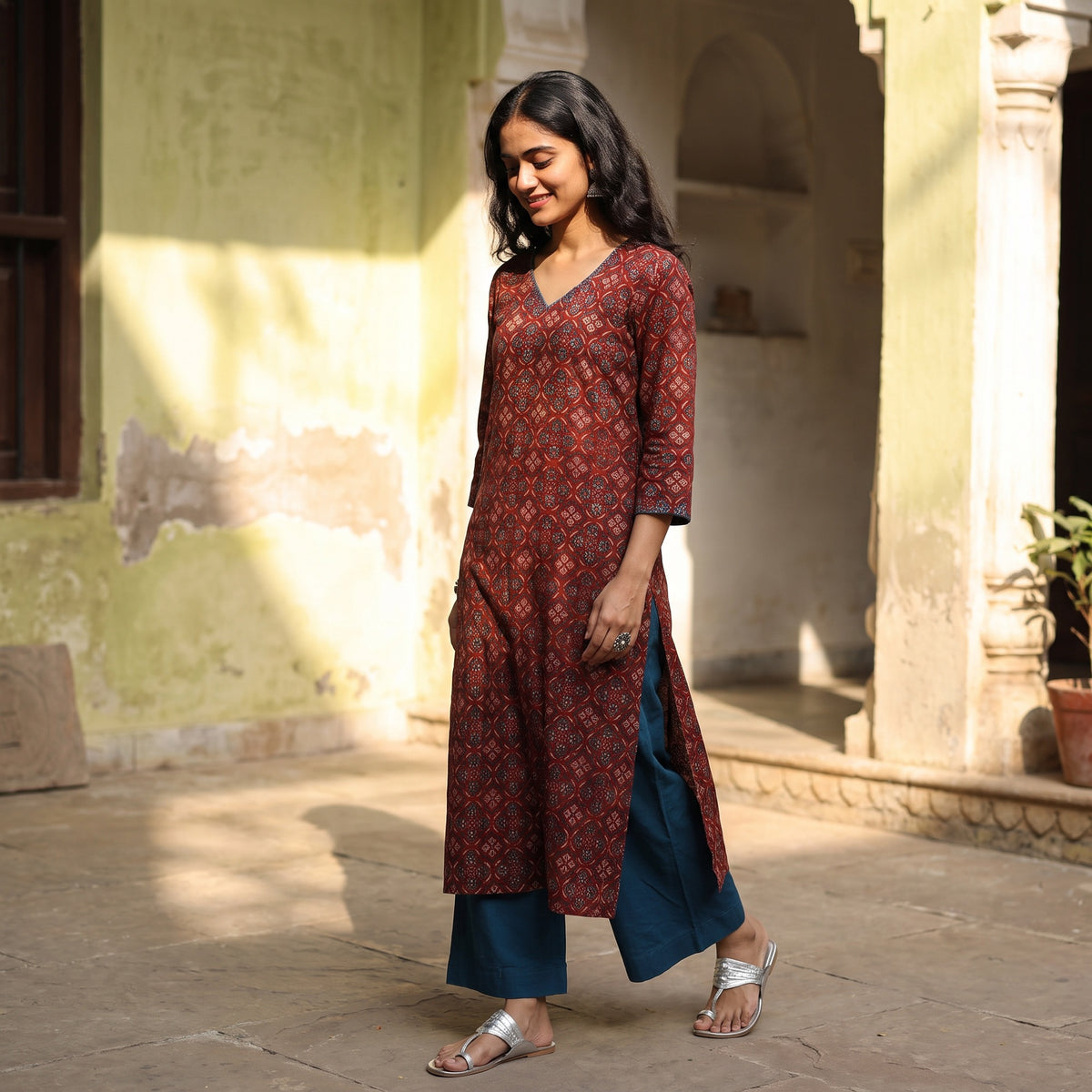 Maroon - Ajrakh Cotton Interlocking Floral Kurta, lifestyle hero, AI visual