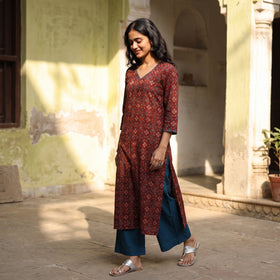 Maroon - Ajrakh Cotton Interlocking Floral Kurta, lifestyle hero, AI visual