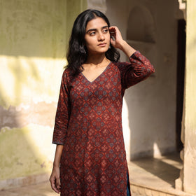 Maroon - Ajrakh Cotton Interlocking Floral Kurta, front mid shot, AI visual