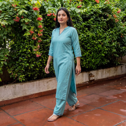 Blue - Plain Banana Fiber Soft Cotton Bead Work Straight Kurta with Palazzo Set for women 04, lifestyle full length, AI visual
