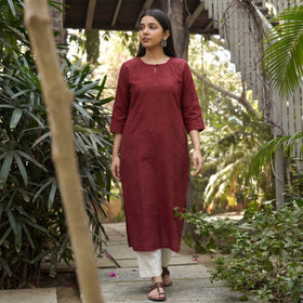 Maroon - Kala Cotton Scattered Mirrors Kurta, front, head to knee, AI visual