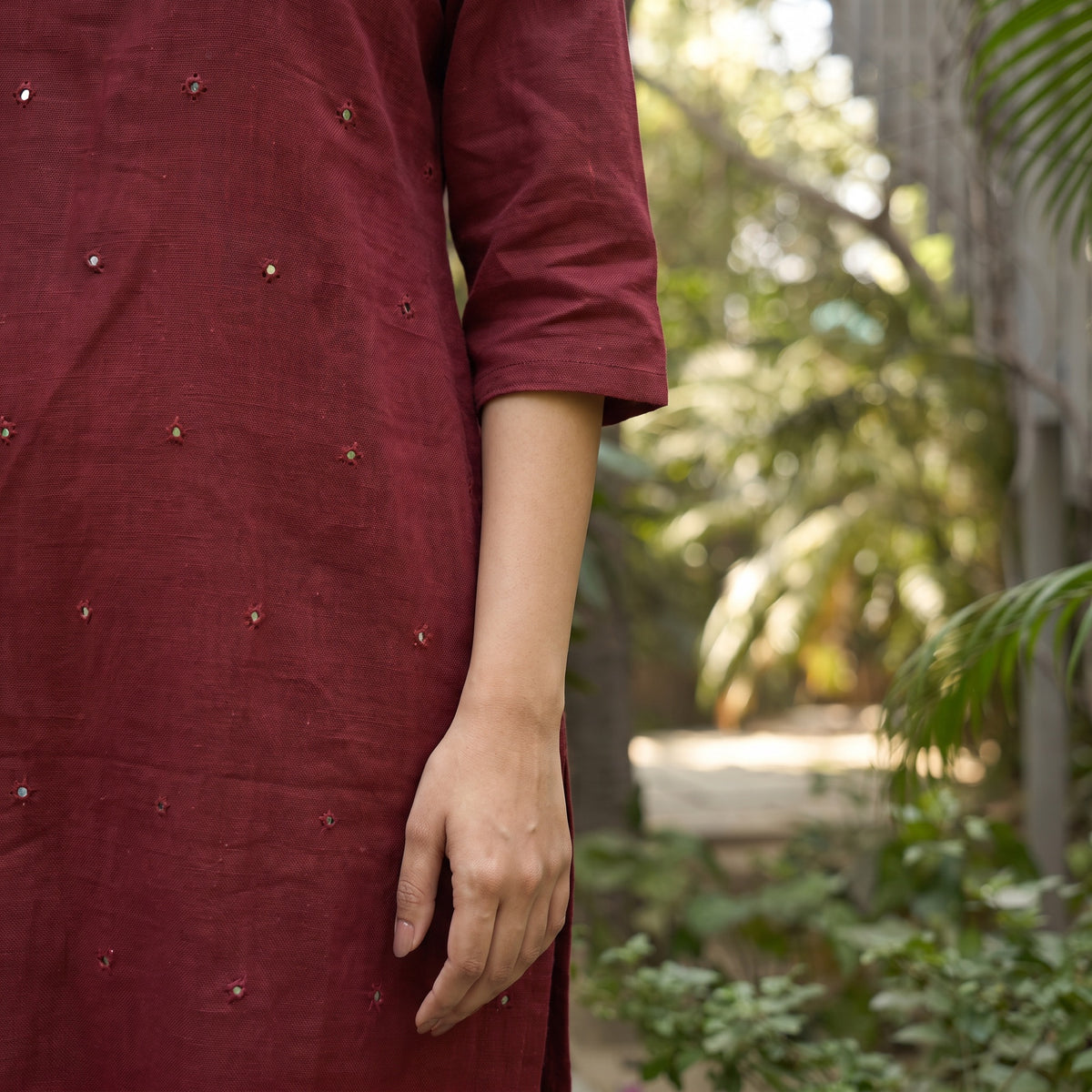 Maroon - Kala Cotton Scattered Mirrors Kurta, sleeve close-up, AI visual
