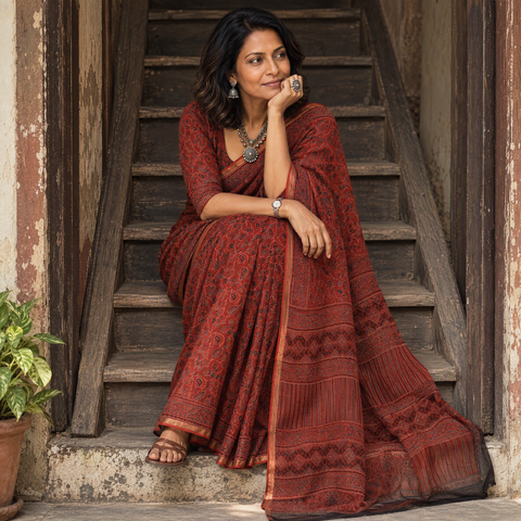 Rust red Kutch Ajrakh hand block print natural dyed Kota Doria cotton saree, draped and worn by a woman, AI visual of the saree, iTokri