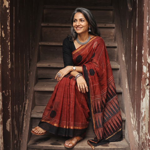 Red Kutch Ajrakh hand block print natural dyed Kota Doria cotton saree, draped and worn by a woman, AI visual of the saree, iTokri