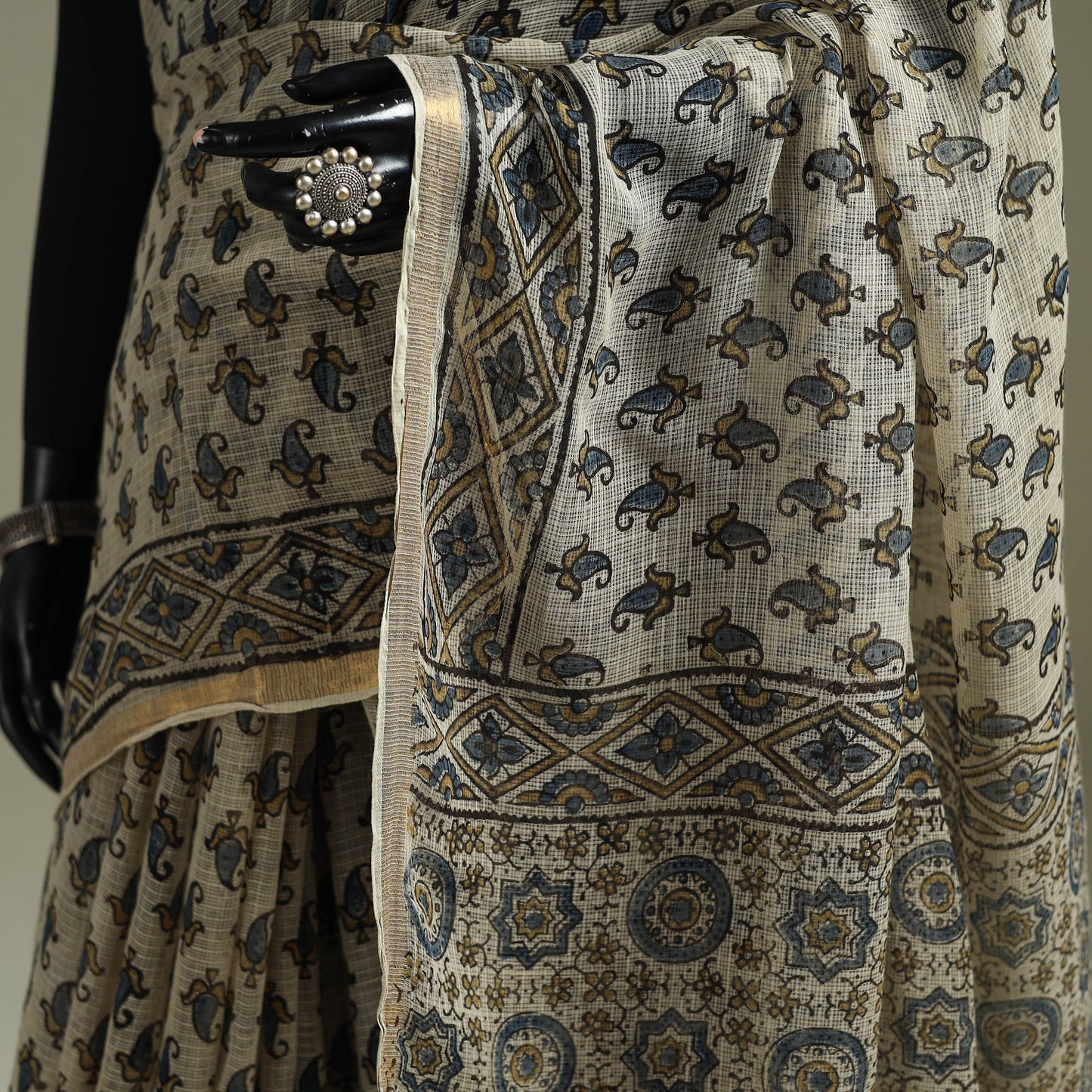 Kutch ajrakh hand block print natural dyed kota doria