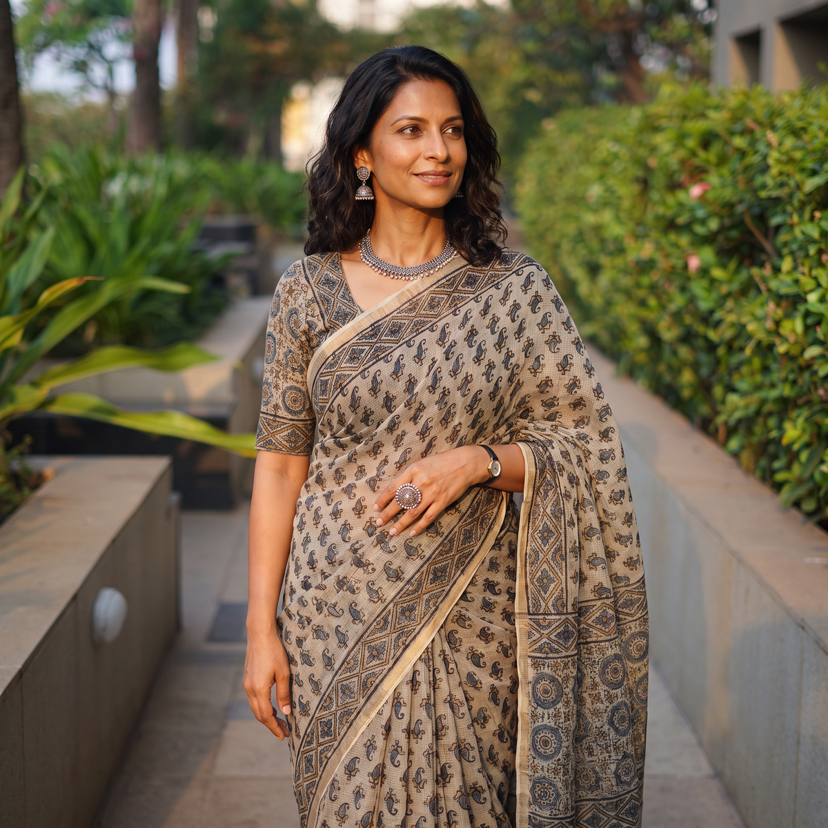 Beige Kutch Ajrakh hand block print natural dyed Kota Doria cotton saree, draped and worn by a woman, AI visual of the saree, iTokri