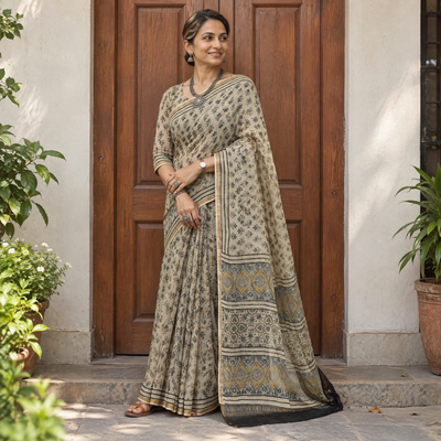 Beige Kutch Ajrakh hand block print natural dyed Kota Doria cotton saree, draped and worn by a woman, AI visual of the saree, iTokri