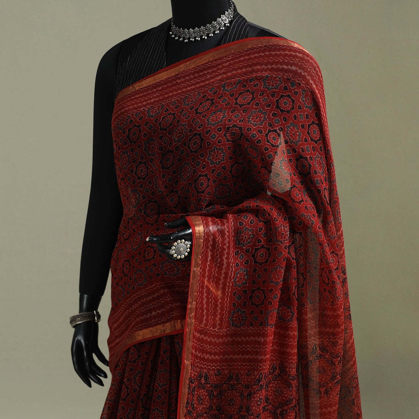 Kutch ajrakh hand block print natural dyed kota doria