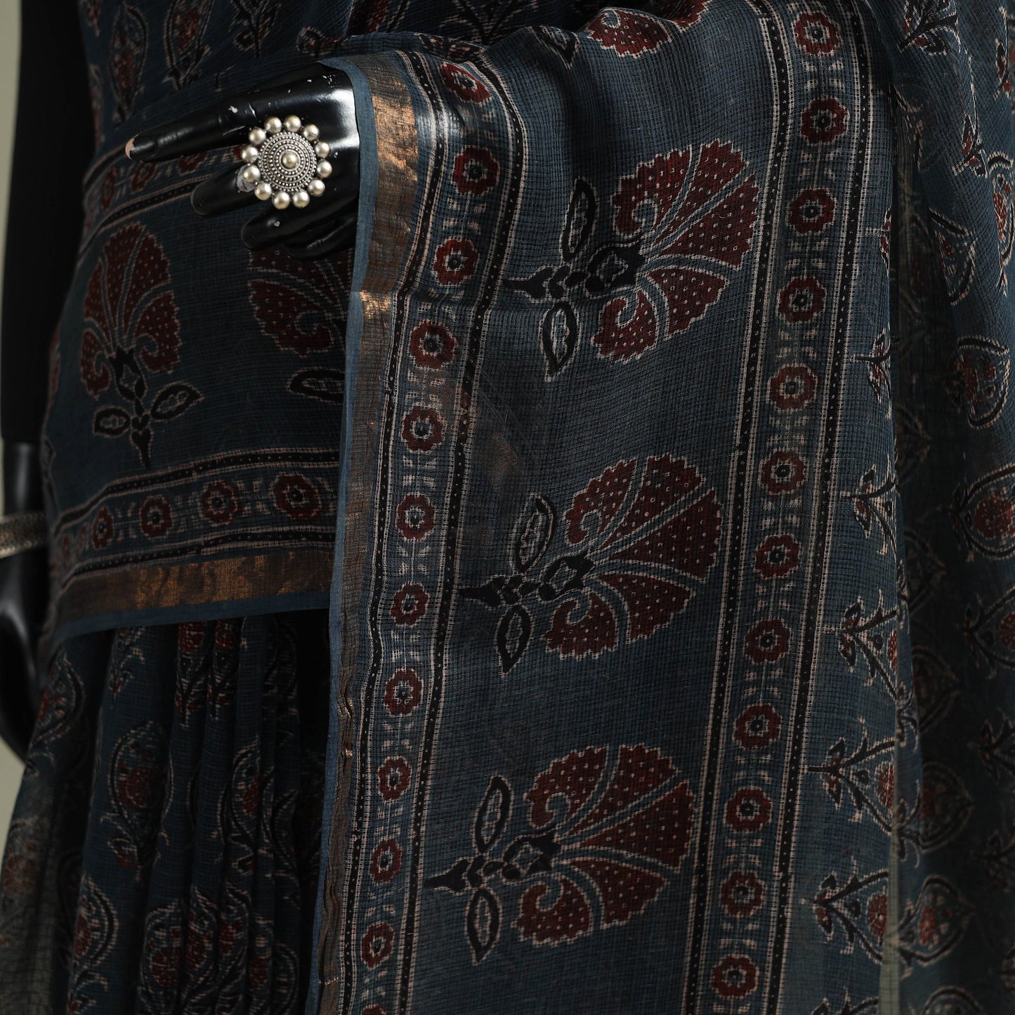 Kutch ajrakh hand block print natural dyed kota doria