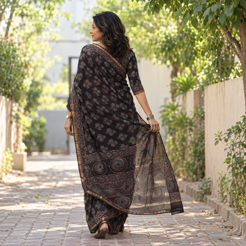 Black Kutch Ajrakh hand block print natural dyed Kota Doria cotton saree, draped and worn by a woman, AI visual of the saree, iTokri