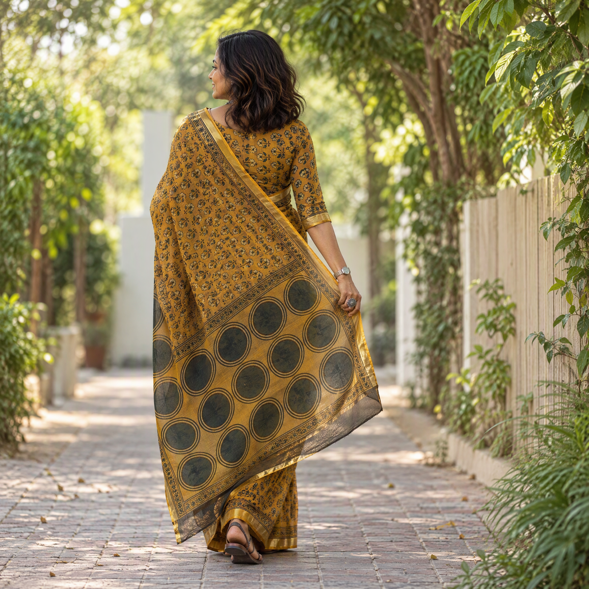 Mustard yellow Kutch Ajrakh hand block print natural dyed Kota Doria cotton saree, draped and worn by a woman, AI visual of the saree, iTokri