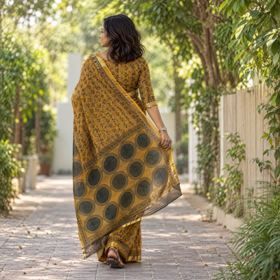 Mustard yellow Kutch Ajrakh hand block print natural dyed Kota Doria cotton saree, draped and worn by a woman, AI visual of the saree, iTokri