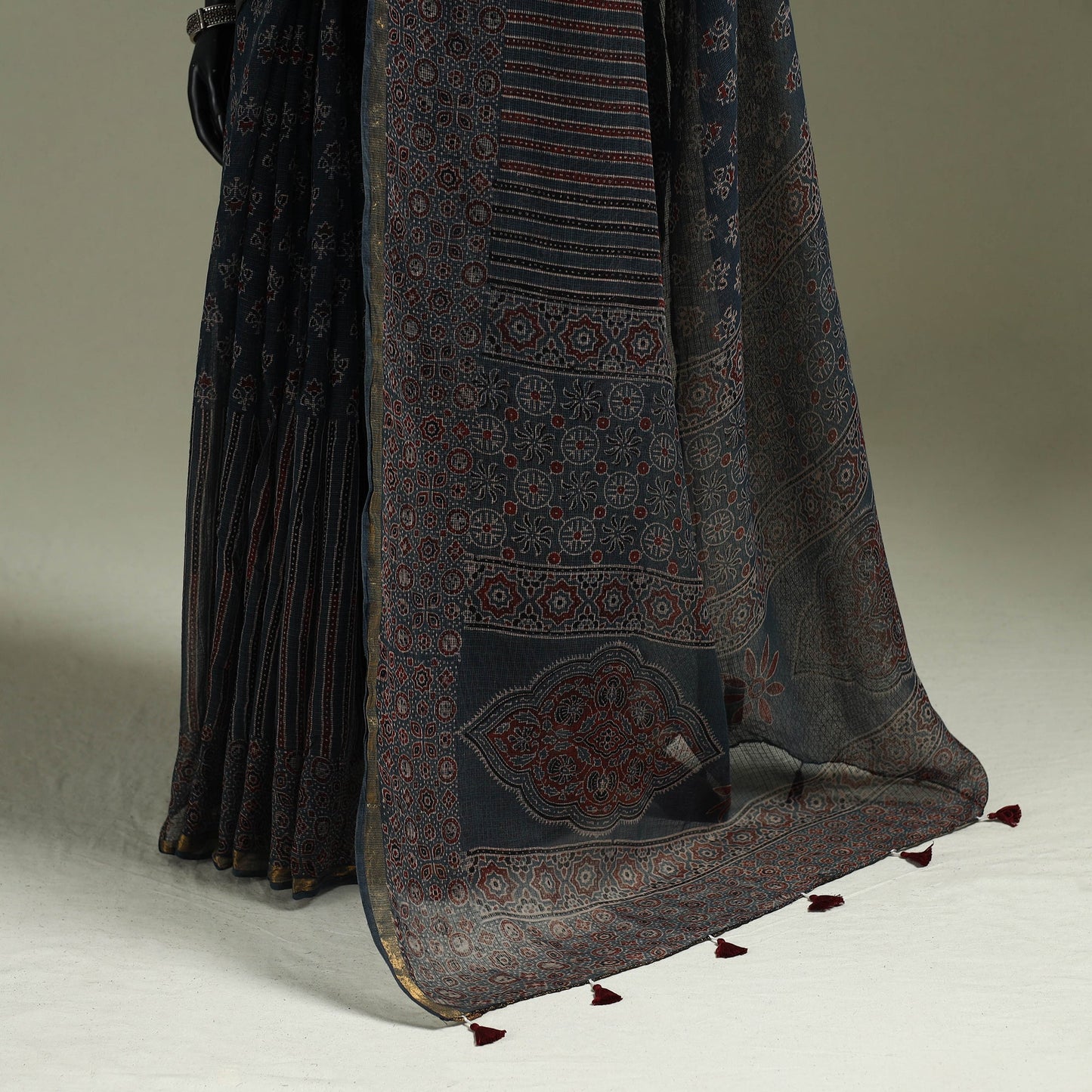 Kutch ajrakh hand block print natural dyed kota doria