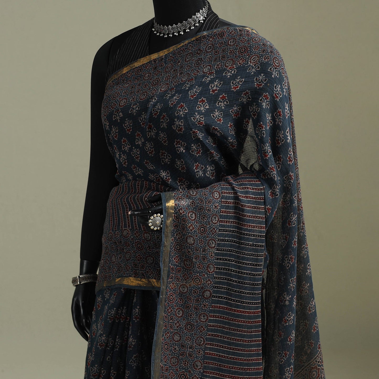 Kutch ajrakh hand block print natural dyed kota doria