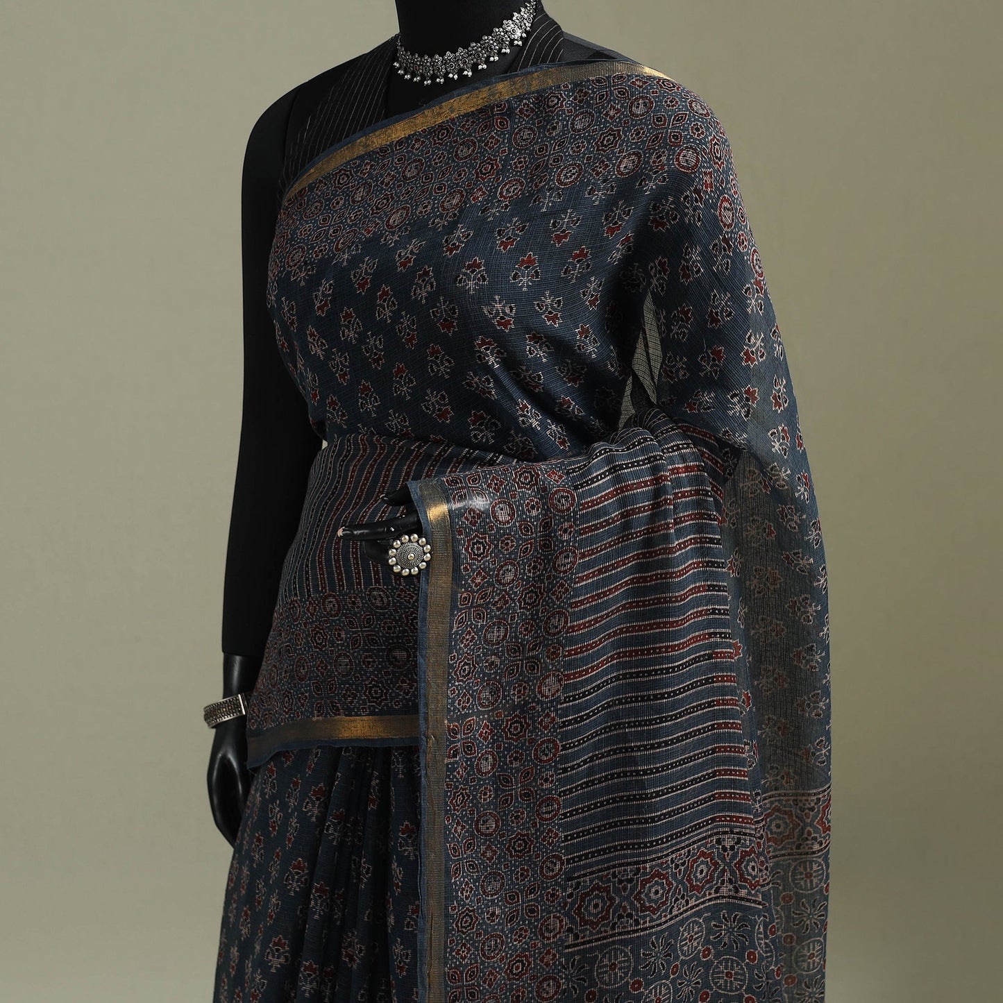 Kutch ajrakh hand block print natural dyed kota doria