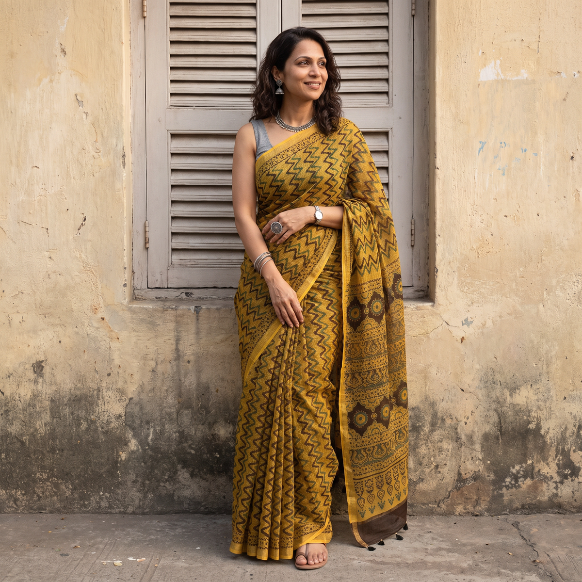 Mustard yellow Kutch Ajrakh hand block print natural dyed Kota Doria cotton saree, draped and worn by a woman, AI visual of the saree, iTokri