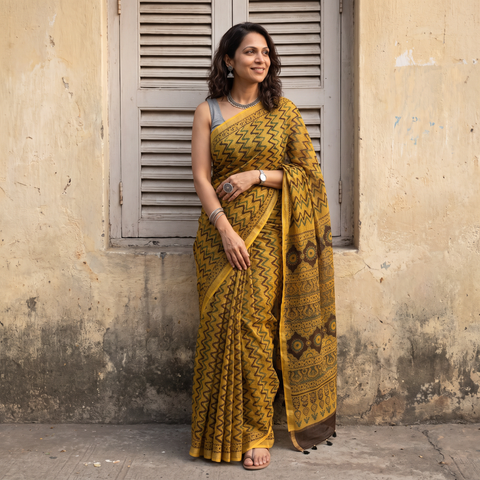 Mustard yellow Kutch Ajrakh hand block print natural dyed Kota Doria cotton saree, draped and worn by a woman, AI visual of the saree, iTokri