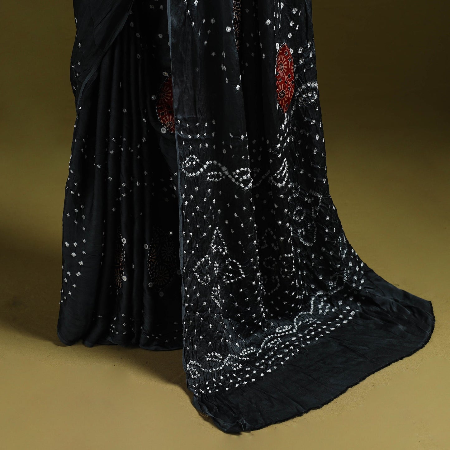 Kutch ajrakh patch tie-dye modal silk bandhani with mirror