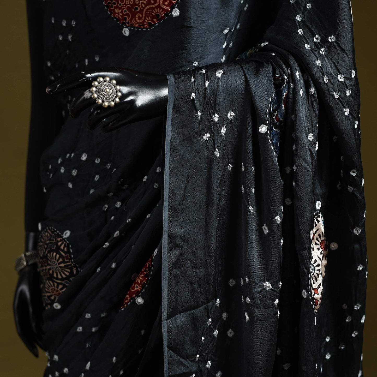 Kutch ajrakh patch tie-dye modal silk bandhani with mirror