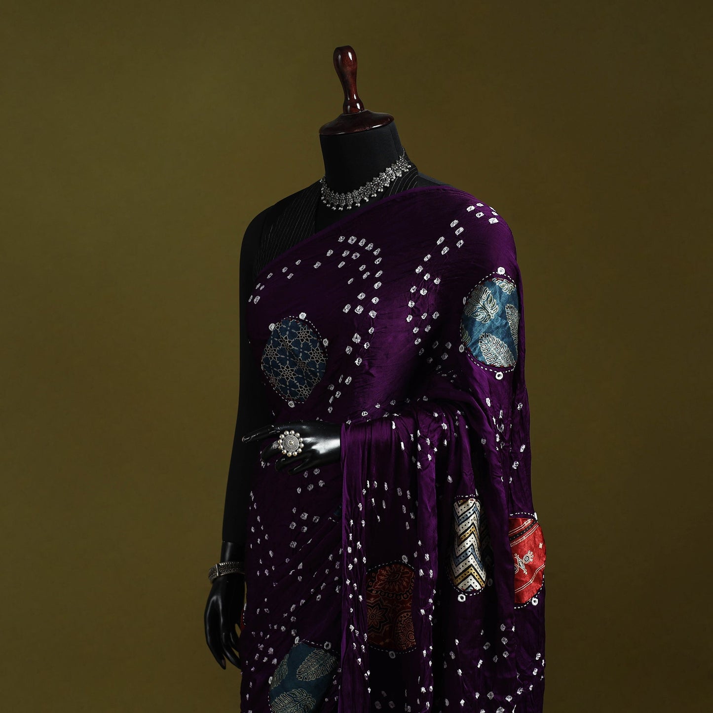 Kutch ajrakh patch tie-dye modal silk bandhani with mirror