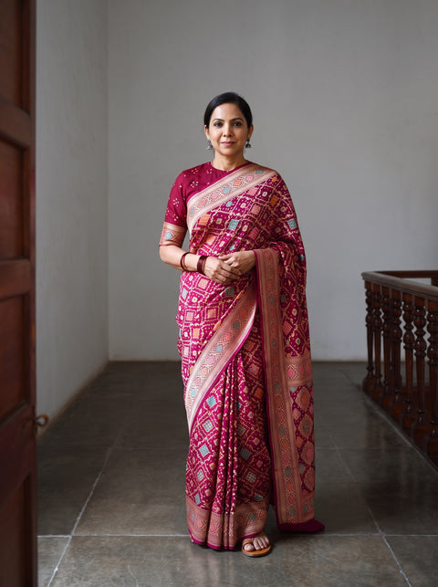 Red Kutch Bandhani Fine Georgette Banarasi Neem Zari Jaal Saree, draped and worn by a woman, AI visual of the saree, iTokri