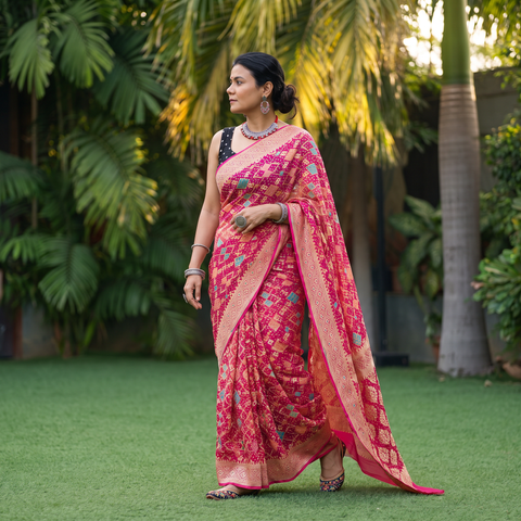 Pink Kutch Bandhani Fine Georgette Banarasi Neem Zari Jaal Saree, draped and worn by a woman, AI visual of the saree, iTokri