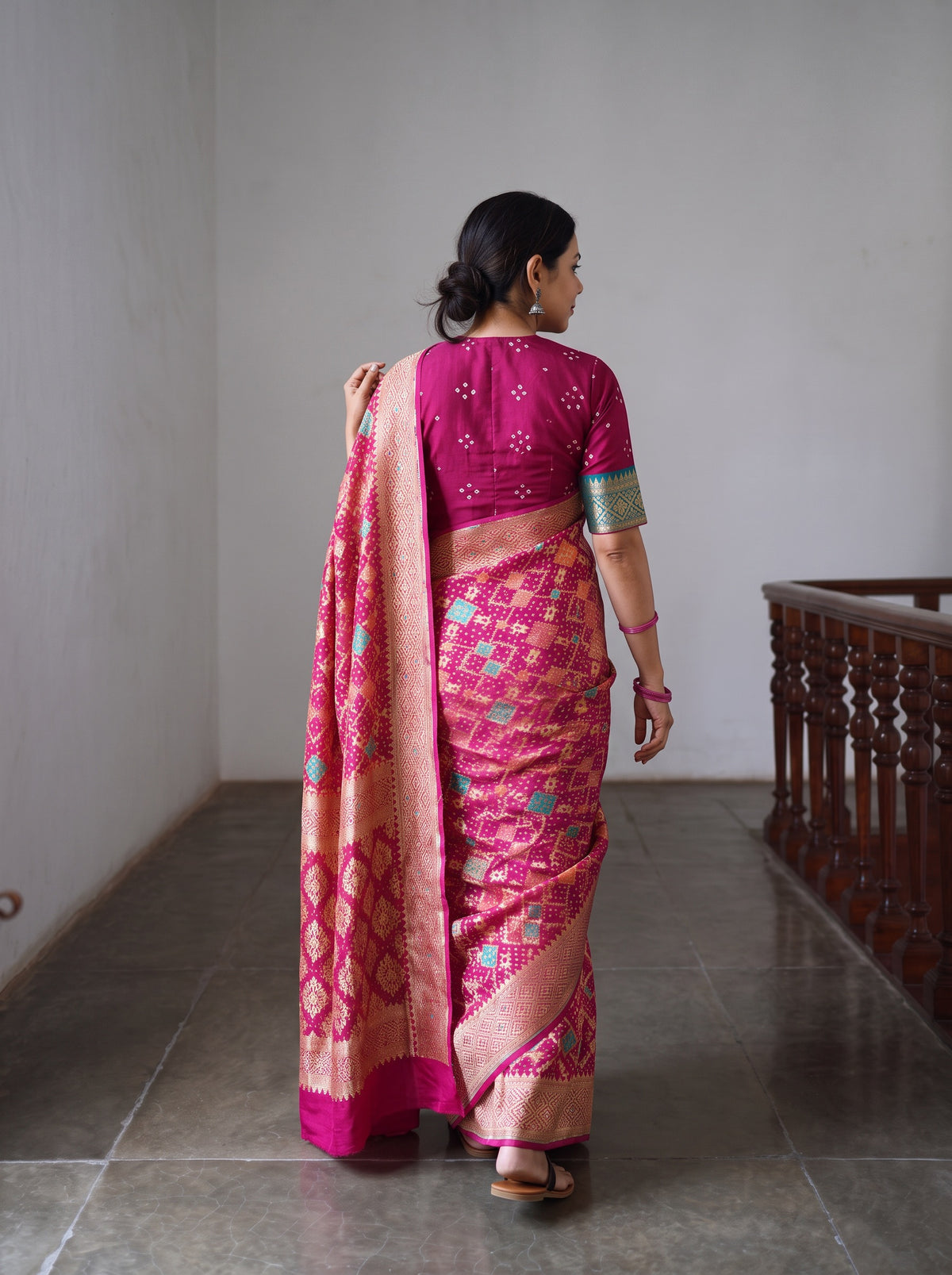Pink Kutch Bandhani Fine Georgette Banarasi Neem Zari Jaal Saree, draped and worn by a woman, AI visual of the saree, iTokri