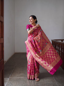 Pink Kutch Bandhani Fine Georgette Banarasi Neem Zari Jaal Saree, draped and worn by a woman, AI visual of the saree, iTokri