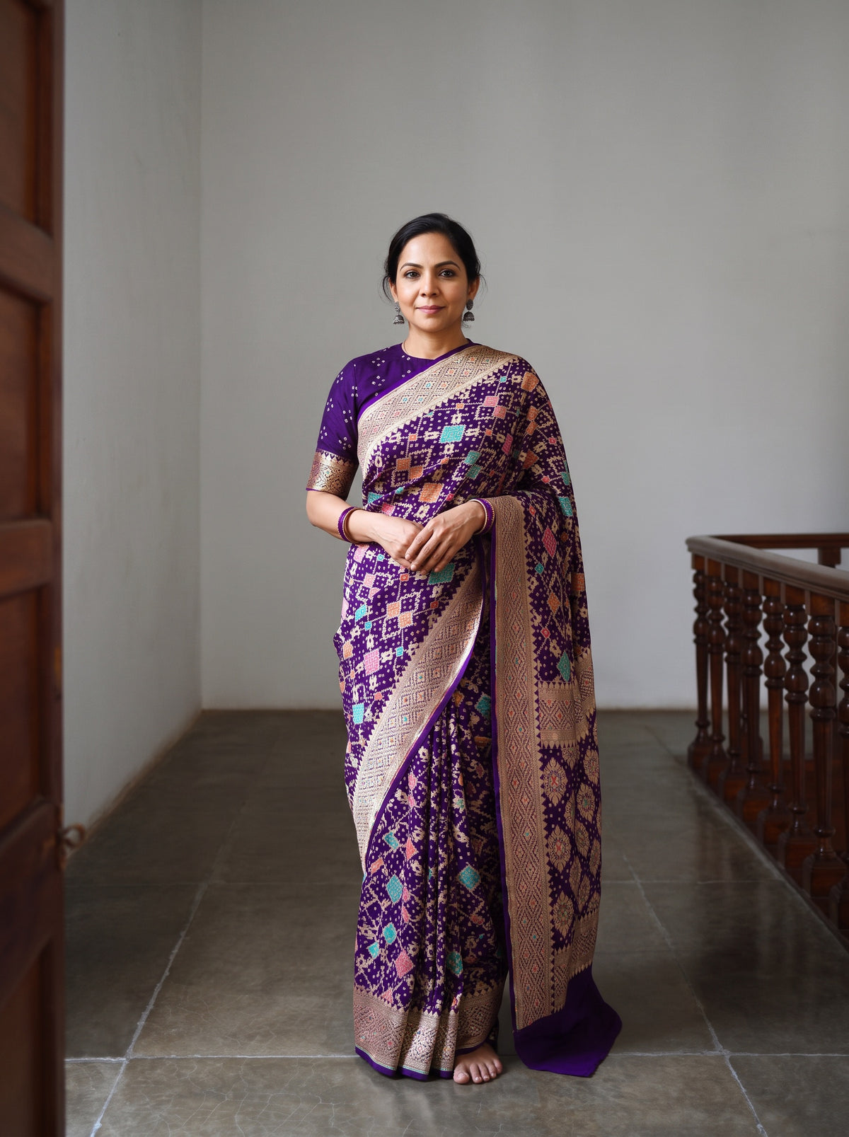 Purple Kutch Bandhani Fine Georgette Banarasi Neem Zari Jaal Saree, draped and worn by a woman, AI visual of the saree, iTokri
