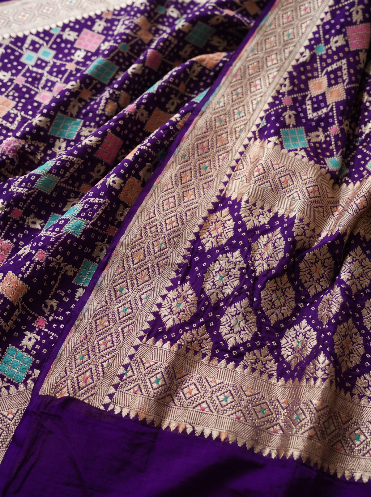 Purple Kutch Bandhani Fine Georgette Banarasi Neem Zari Jaal Saree, draped and worn by a woman, AI visual of the saree, iTokri