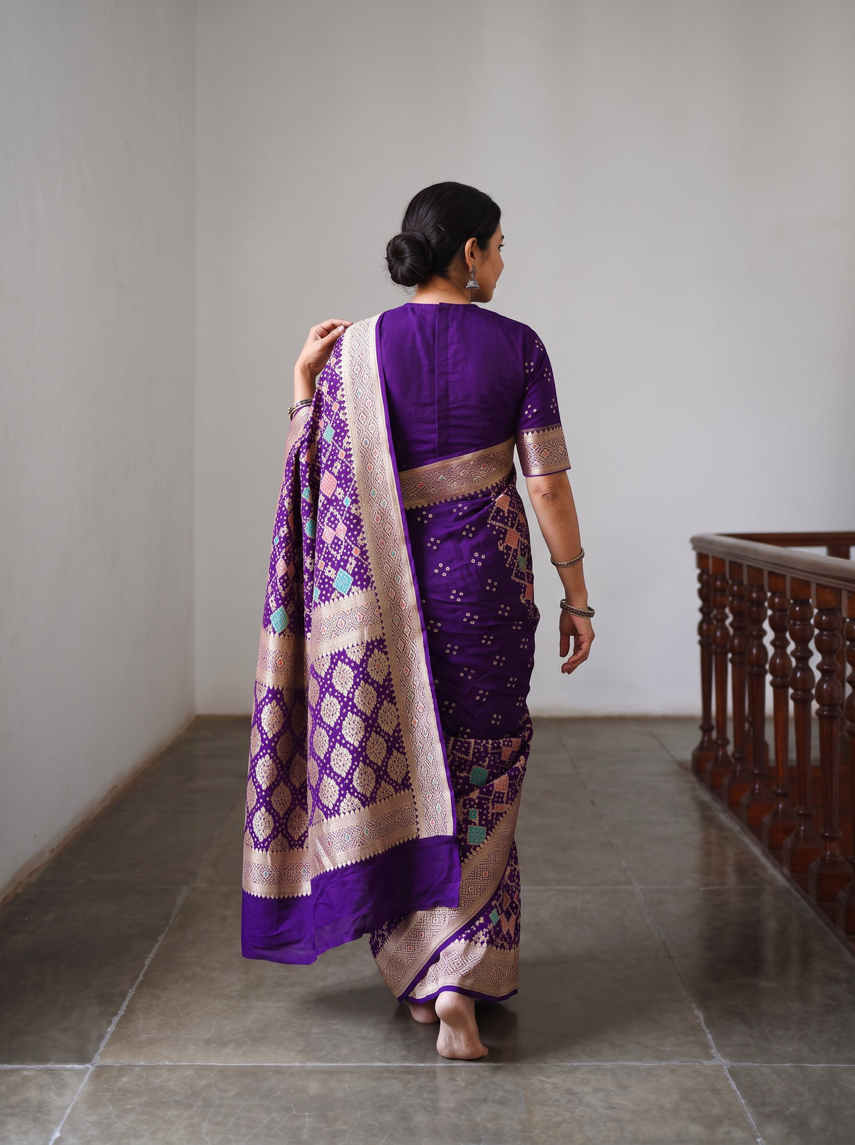 Purple Kutch Bandhani Fine Georgette Banarasi Neem Zari Jaal Saree, draped and worn by a woman, AI visual of the saree, iTokri