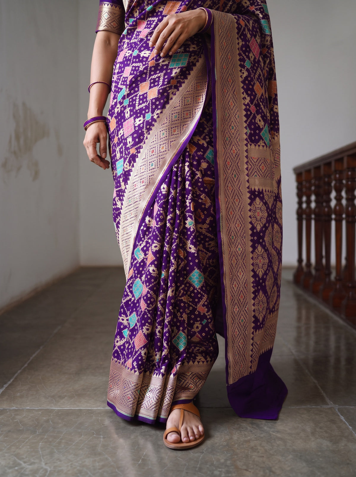 Purple Kutch Bandhani Fine Georgette Banarasi Neem Zari Jaal Saree, draped and worn by a woman, AI visual of the saree, iTokri