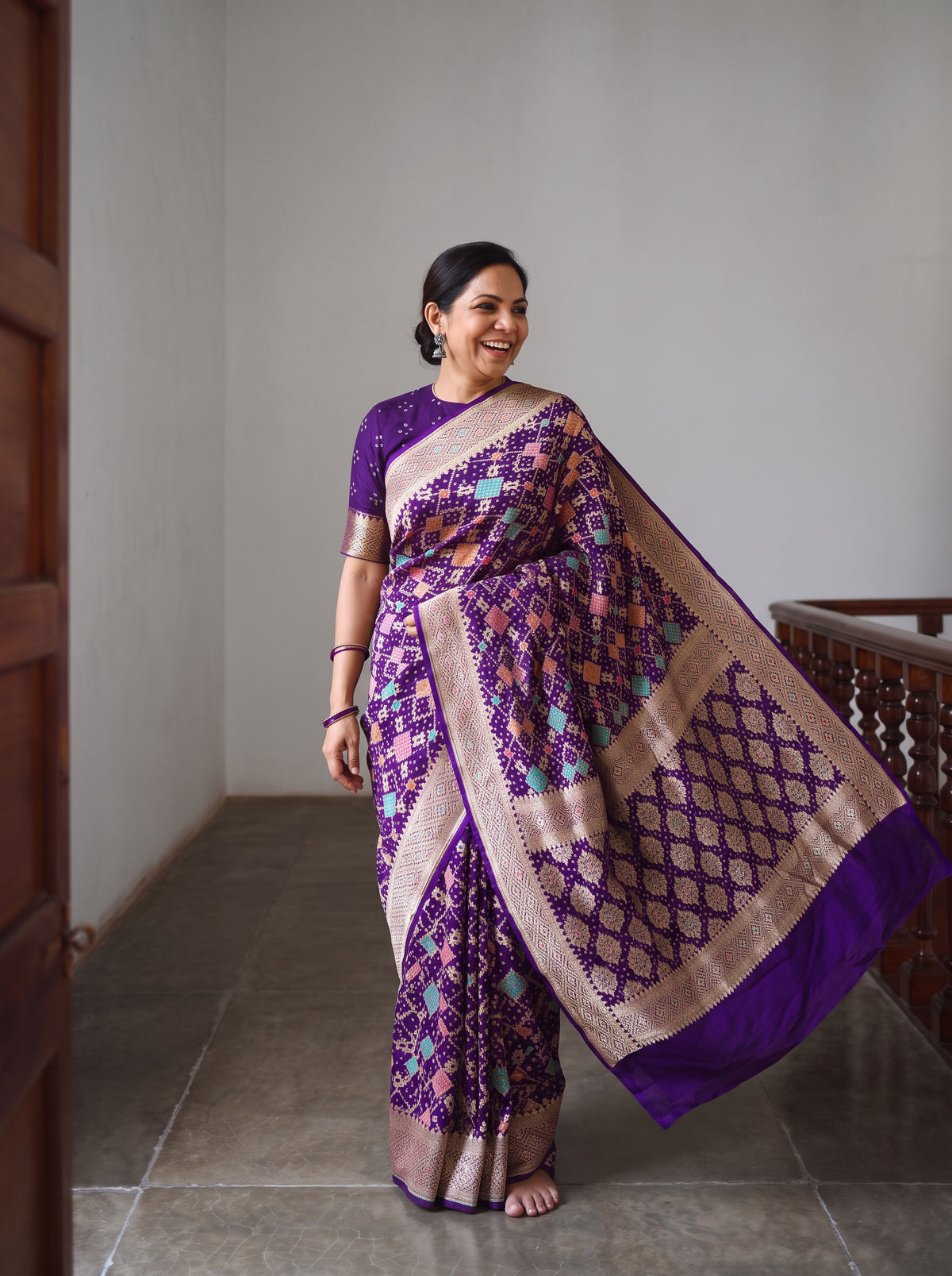 Purple Kutch Bandhani Fine Georgette Banarasi Neem Zari Jaal Saree, draped and worn by a woman, AI visual of the saree, iTokri