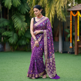 Purple Kutch Bandhani Fine Georgette Banarasi Neem Zari Jaal Saree, draped and worn by a woman, AI visual of the saree, iTokri