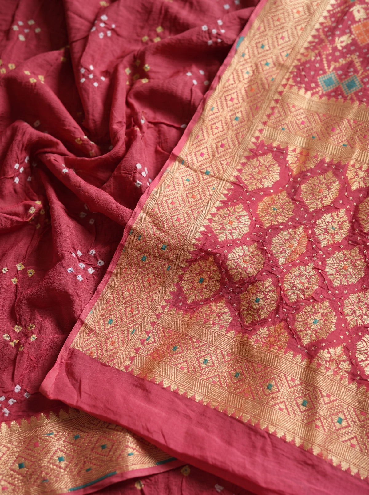 Peach Kutch Bandhani Fine Georgette Banarasi Neem Zari Jaal Saree, draped and worn by a woman, AI visual of the saree, iTokri
