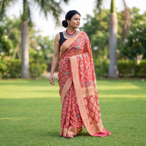 Peach Kutch Bandhani Fine Georgette Banarasi Neem Zari Jaal Saree, draped and worn by a woman, AI visual of the saree, iTokri