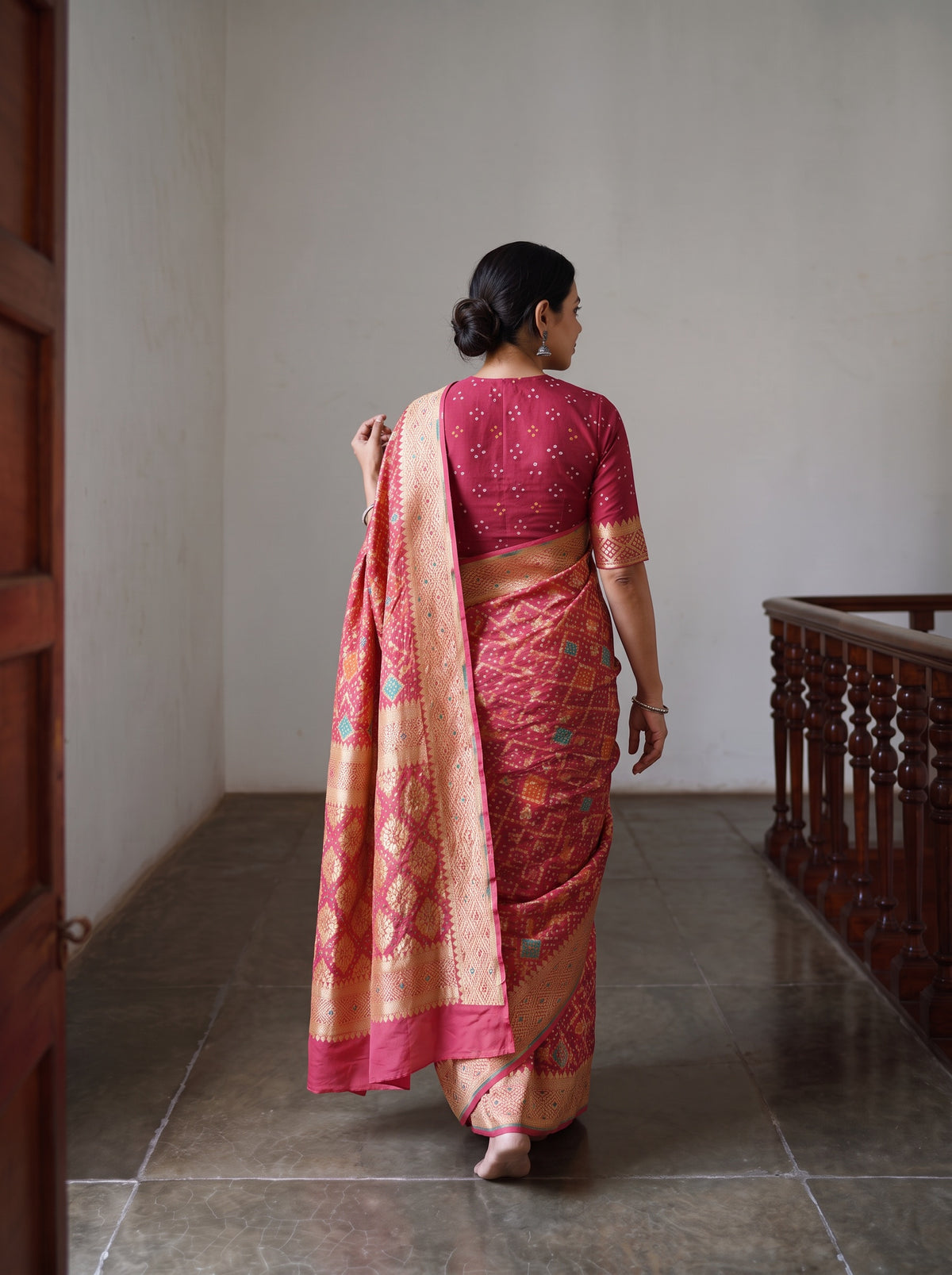 Peach Kutch Bandhani Fine Georgette Banarasi Neem Zari Jaal Saree, draped and worn by a woman, AI visual of the saree, iTokri