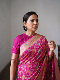 Pink Kutch Bandhani Fine Georgette Banarasi Neem Zari Jaal Saree, draped and worn by a woman, AI visual of the saree, iTokri