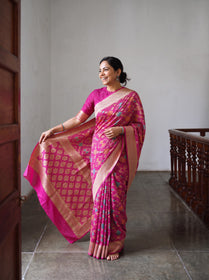 Pink Kutch Bandhani Fine Georgette Banarasi Neem Zari Jaal Saree, draped and worn by a woman, AI visual of the saree, iTokri