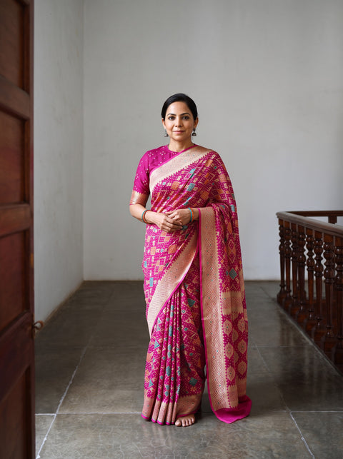 Pink Kutch Bandhani Fine Georgette Banarasi Neem Zari Jaal Saree, draped and worn by a woman, AI visual of the saree, iTokri