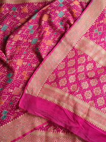 Pink Kutch Bandhani Fine Georgette Banarasi Neem Zari Jaal Saree, draped and worn by a woman, AI visual of the saree, iTokri