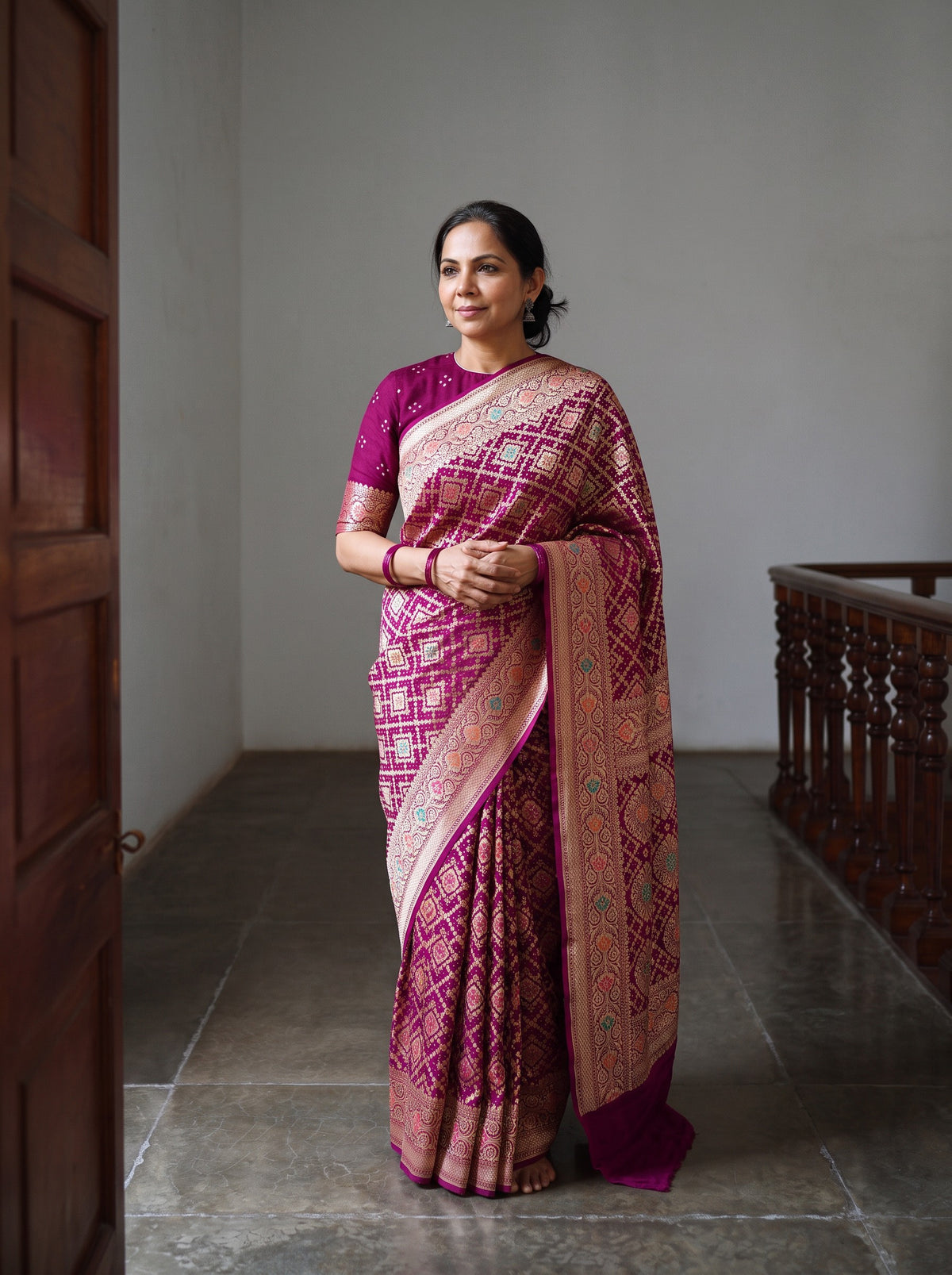 Pink Kutch Bandhani Fine Georgette Banarasi Neem Zari Jaal Saree, draped and worn by a woman, AI visual of the saree, iTokri