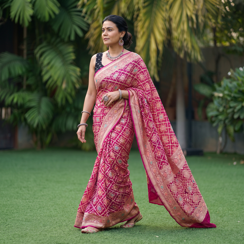 Pink Kutch Bandhani Fine Georgette Banarasi Neem Zari Jaal Saree, draped and worn by a woman, AI visual of the saree, iTokri