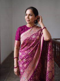 Pink Kutch Bandhani Fine Georgette Banarasi Neem Zari Jaal Saree, draped and worn by a woman, AI visual of the saree, iTokri
