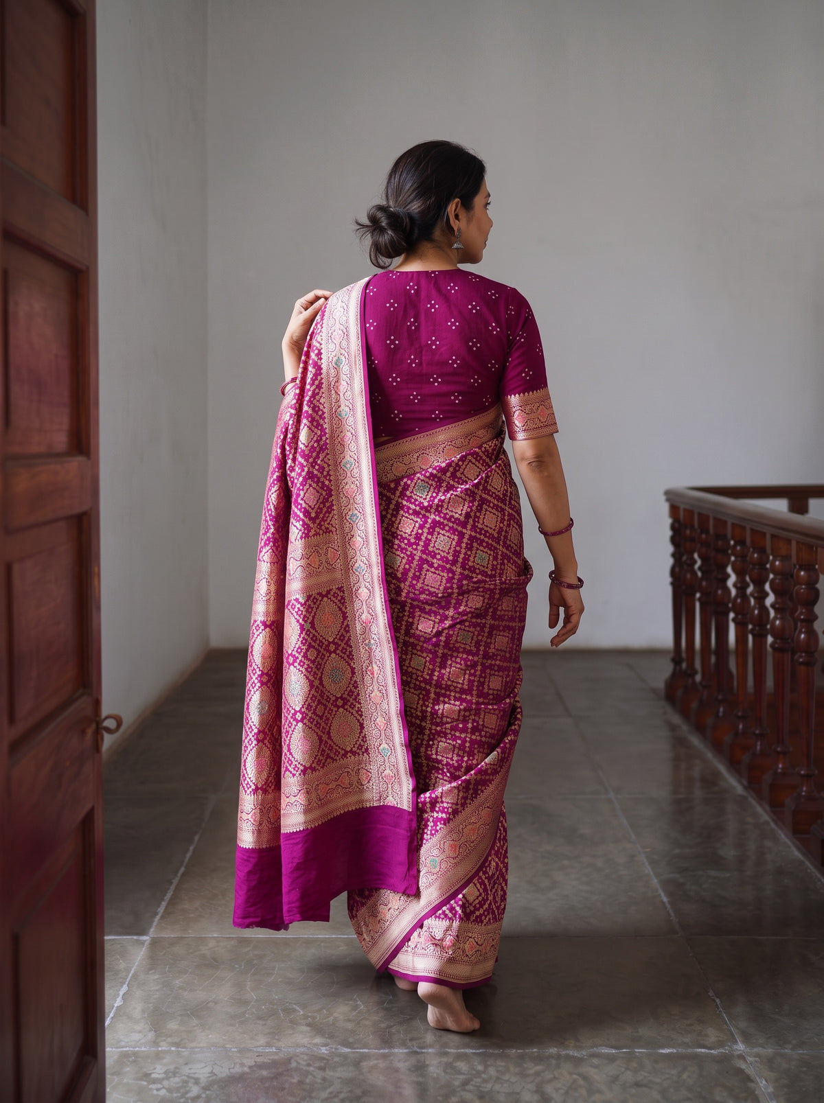 Pink Kutch Bandhani Fine Georgette Banarasi Neem Zari Jaal Saree, draped and worn by a woman, AI visual of the saree, iTokri