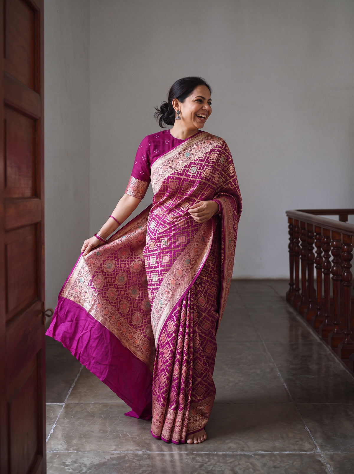 Pink Kutch Bandhani Fine Georgette Banarasi Neem Zari Jaal Saree, draped and worn by a woman, AI visual of the saree, iTokri