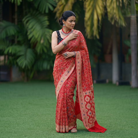 Red Kutch Bandhani Fine Georgette Banarasi Neem Zari Jaal Saree, draped and worn by a woman, AI visual of the saree, iTokri