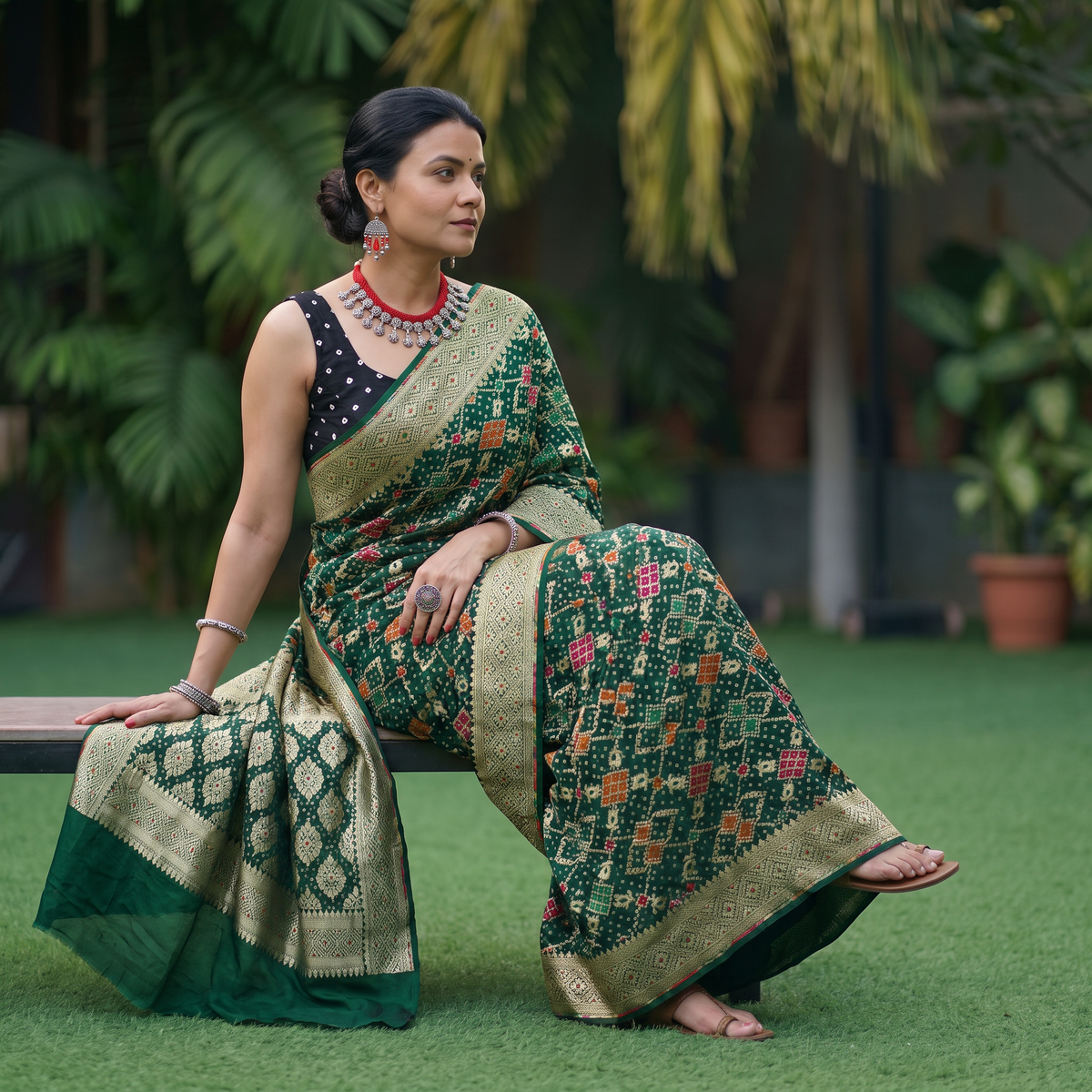 Green Kutch Bandhani Fine Georgette Banarasi Neem Zari Jaal Saree, draped and worn by a woman, AI visual of the saree, iTokri