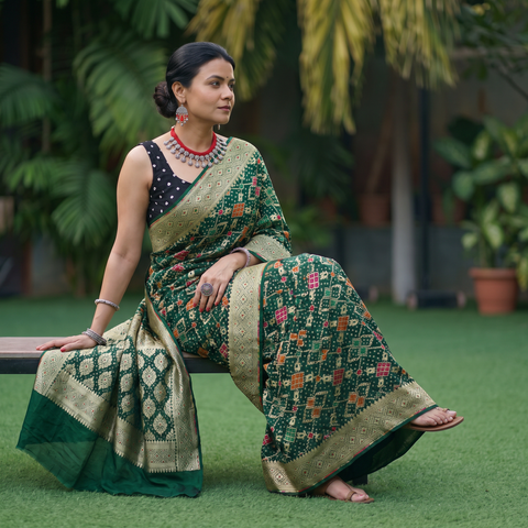 Green Kutch Bandhani Fine Georgette Banarasi Neem Zari Jaal Saree, draped and worn by a woman, AI visual of the saree, iTokri