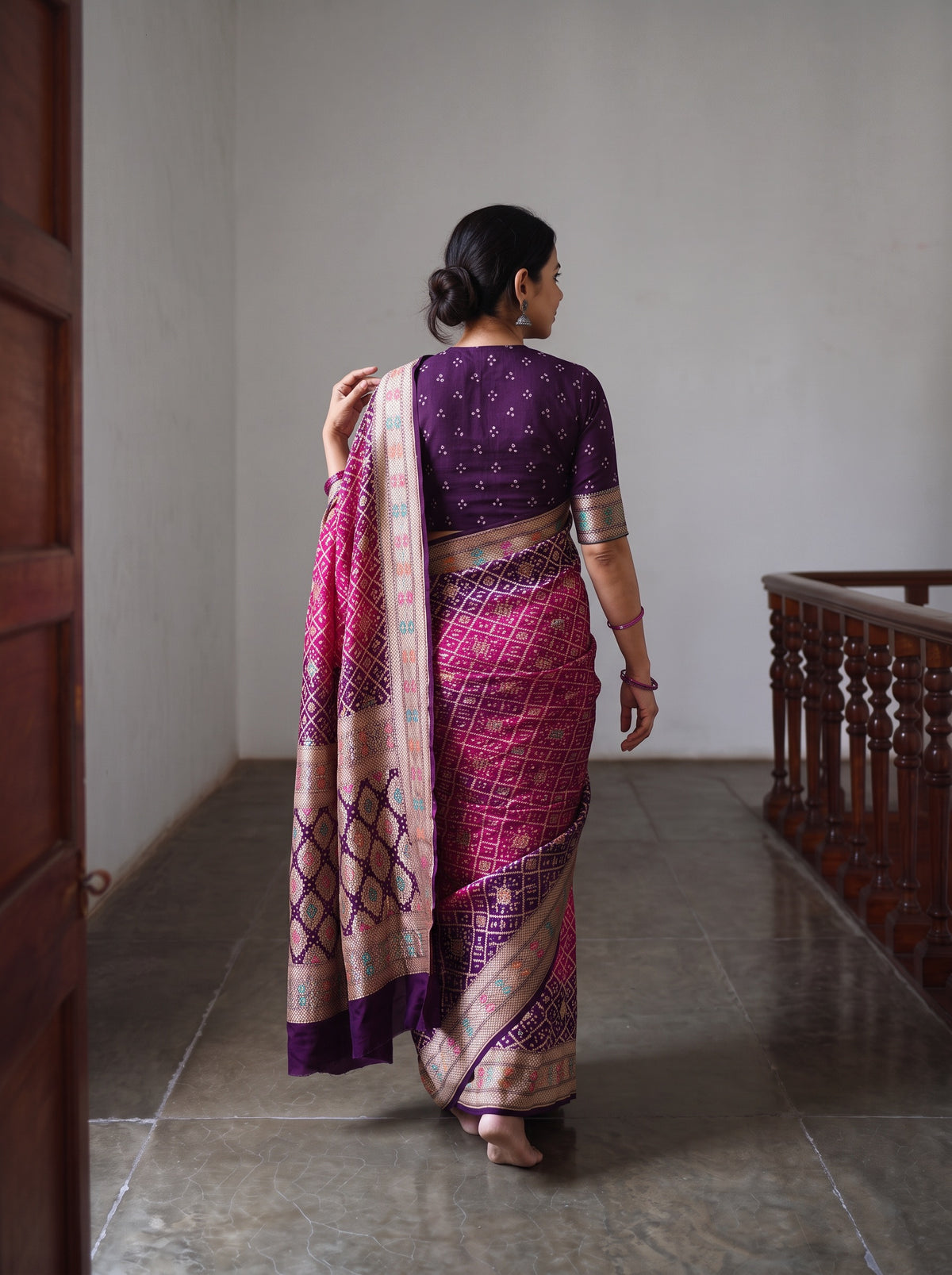 Pink Kutch Bandhani Fine Georgette Banarasi Neem Zari Jaal Saree, draped and worn by a woman, AI visual of the saree, iTokri